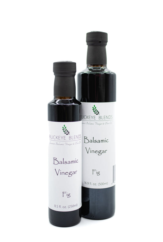 Buckeye Blends Fig Balsamic Vinegar is a deep, rich, glossy fig vinegar with the sweet flavor of figs! This balsamic vinegar is perfect over ice cream, berries, lamp chops, and more!  It makes an amazing fig balsamic vinaigrette mixed with Buckeye Blends olive oil!  It's the best balsamic vinegar ever!