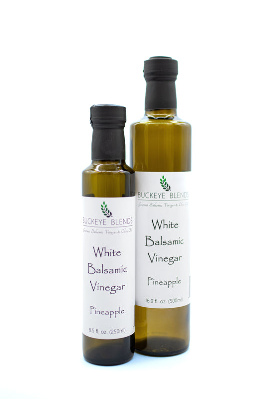 Buckeye Blends Pineapple White Balsamic Vinegar is a sweet and fruity white balsamic with a mouth-watering pineapple infusion.  Mix our white balsamic with lemon olive oil for the perfect white balsamic vinaigrette.
