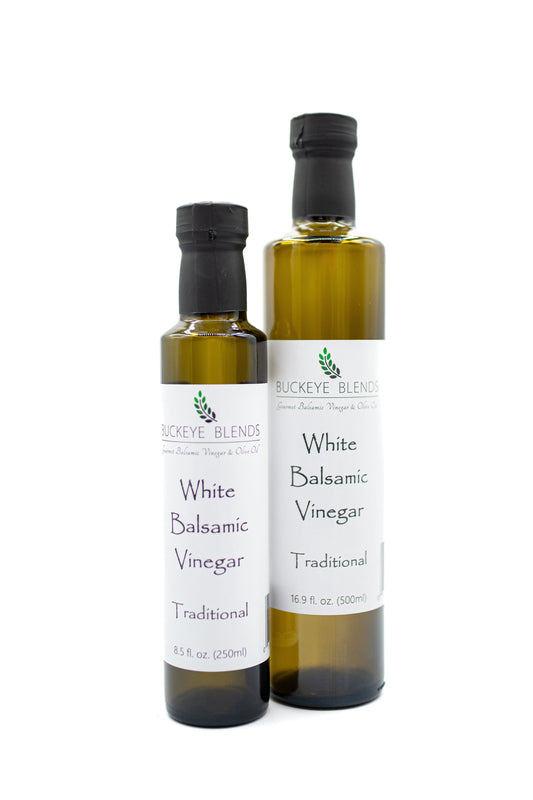 Buckeye Blends Traditional White Balsamic Vinegar is an amazing white vinegar barrel aged to perfection!  It makes a delicious balsamic vinaigrette dressing, or dressing for chicken, fish, pork, or veggies.  