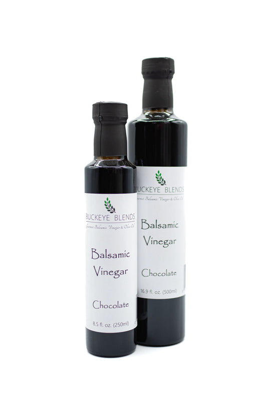 Buckeye Blends Chocolate Balsamic Vinegar has a rich, deep flavor.  A chocolate lover’s dream, this balsamic has a velvety mouthfeel and balanced acidity.  This rich and sweet experience is an outstanding marinade for chicken and pork or toss with fresh berries and allow to macerate for a refreshing treat!  It's also great on white cake or drizzled over your favorite ice cream!